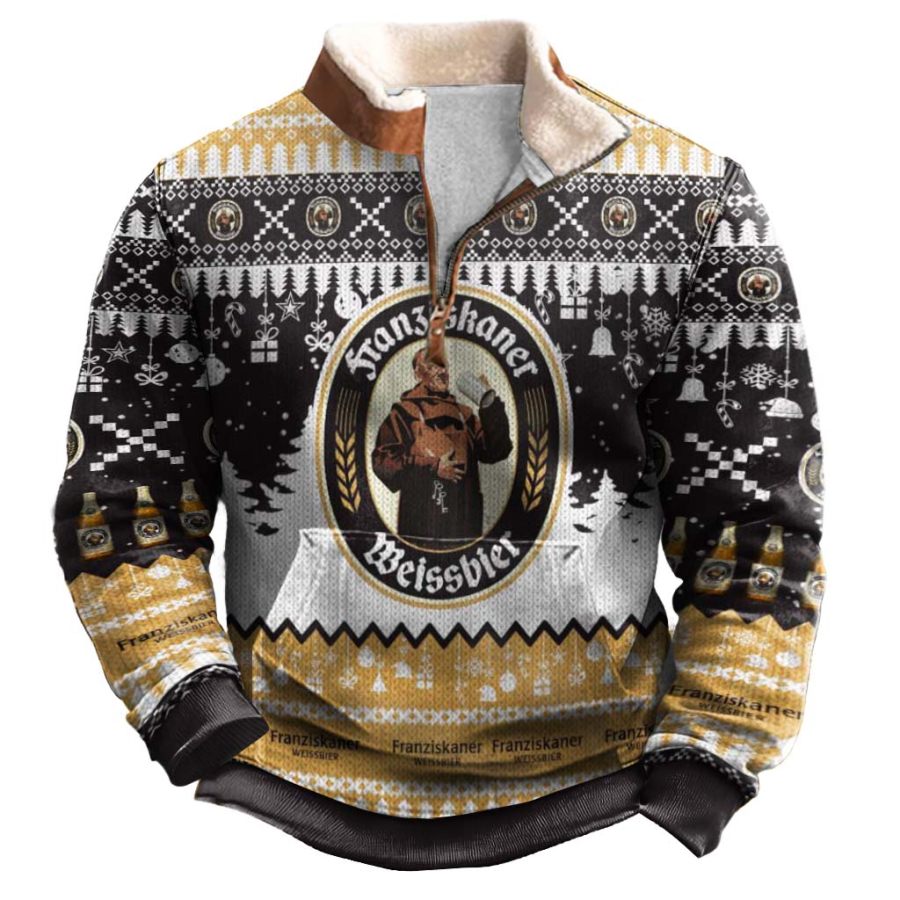 

Men's Vintage Franziskaner German Drinking Print Fleece Collar Quarter Zip Stand Collar Ugly Christmas Sweatshirt