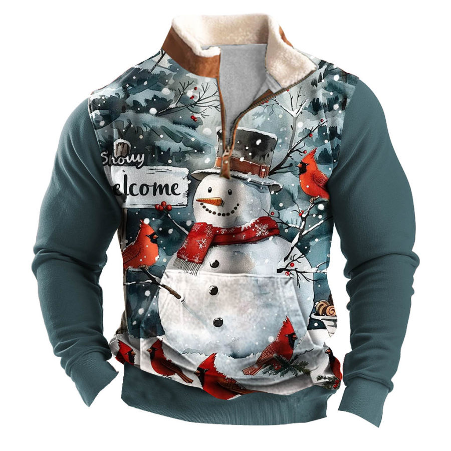 

Men's Vintage Snowman Red Bird Print Fleece Collar Quarter Zip Stand Collar Ugly Christmas Sweatshirt