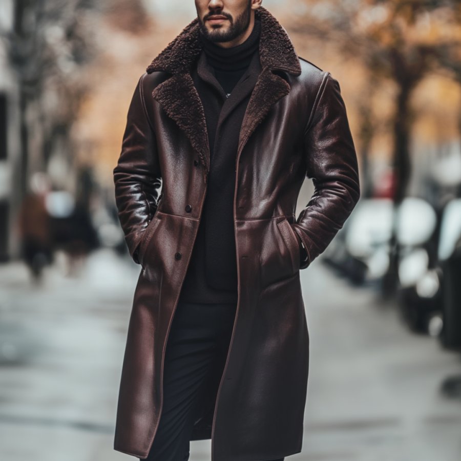

Men's Vintage Leather Fleece Fur Reverse Collar Long Coat Sherpa Collar Jacket