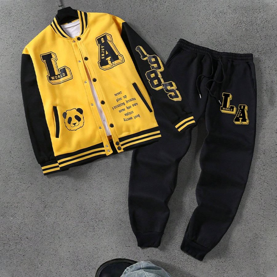 

Men's Solid Color Splicing Letter Print Button-Front Jacket And Front Tie Sweatpants Casual Suit