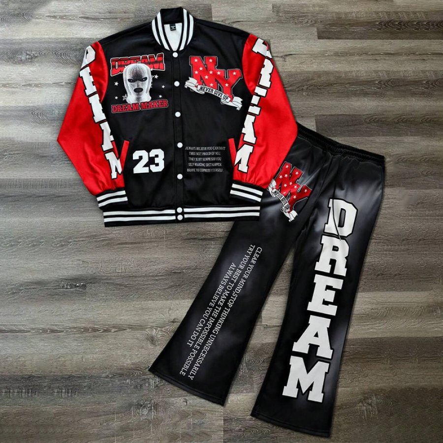 

Men's 2pcs Set Contrast Color Letter Print Baseball Jacket And Pants Casual Outfit For Autumn