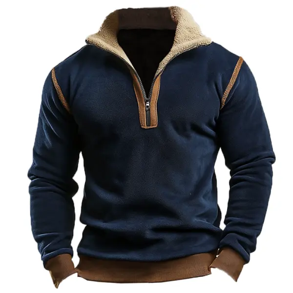 Men's Vintage Suede Patchwork Lamb Fleece Quarter Zip Stand Collar Pullover - Cotosen.com 