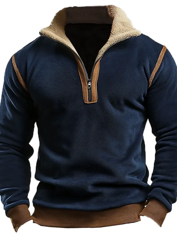Men's Vintage Suede Patchwork Lamb Fleece Quarter Zip Stand Collar Pullover - Menbarn.com 