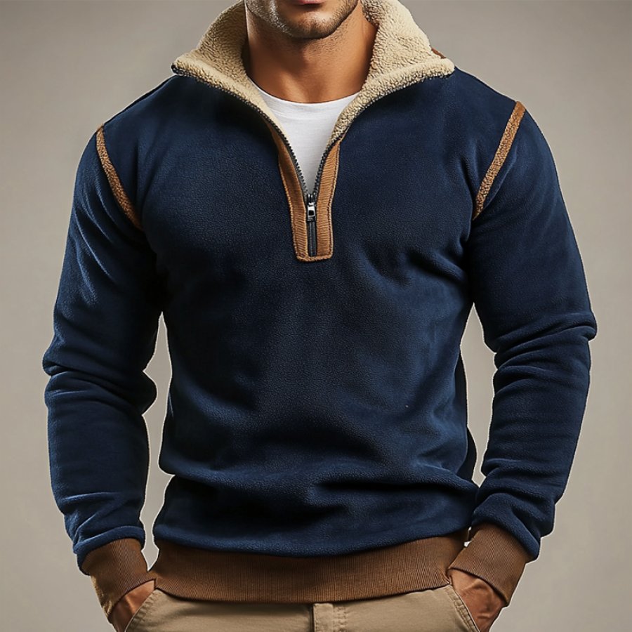 

Men's Vintage Suede Patchwork Lamb Fleece Quarter Zip Stand Collar Pullover