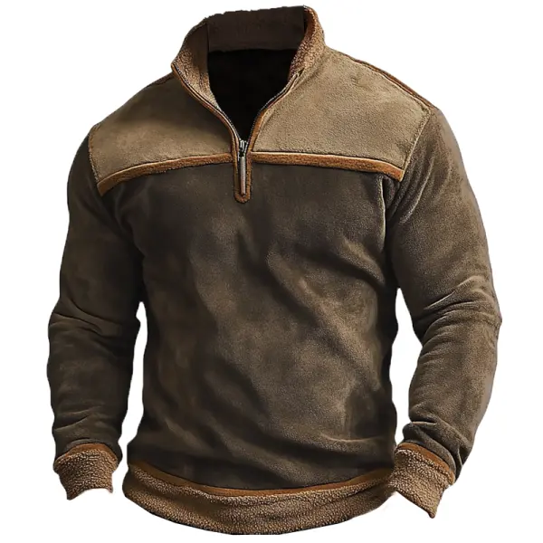 Men's Vintage Suede Patchwork Lamb Fleece Quarter Zip Stand Collar Pullover - Dozenlive.com 