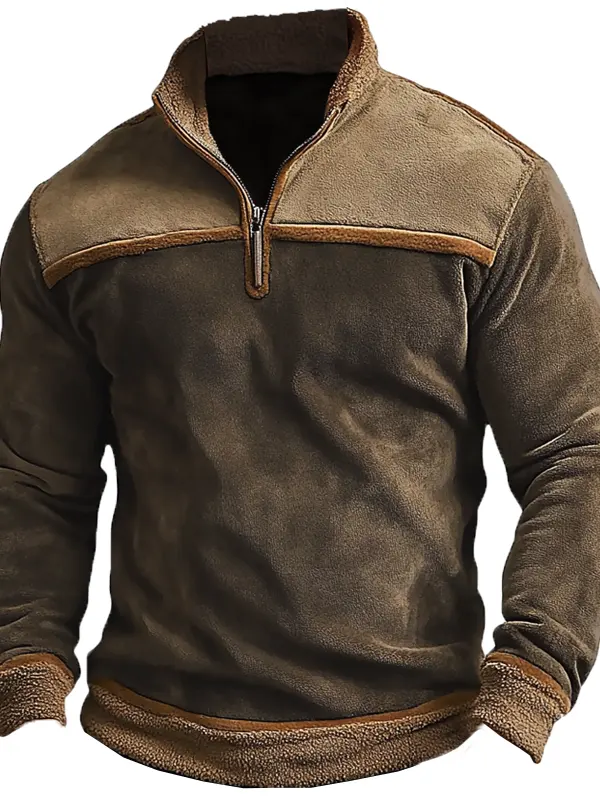 Men's Vintage Suede Patchwork Lamb Fleece Quarter Zip Stand Collar Sweatshirts - Menbarn.com 