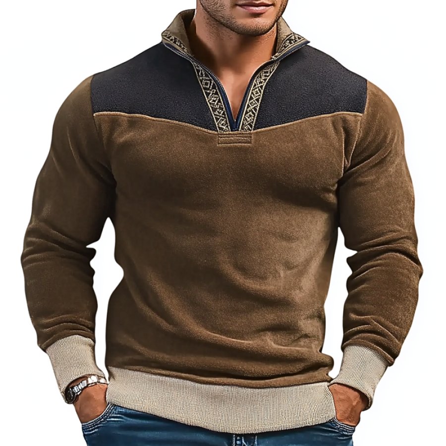 

Men's Vintage Suede Patchwork Lamb Fleece Quarter Zip Stand Collar Pullover