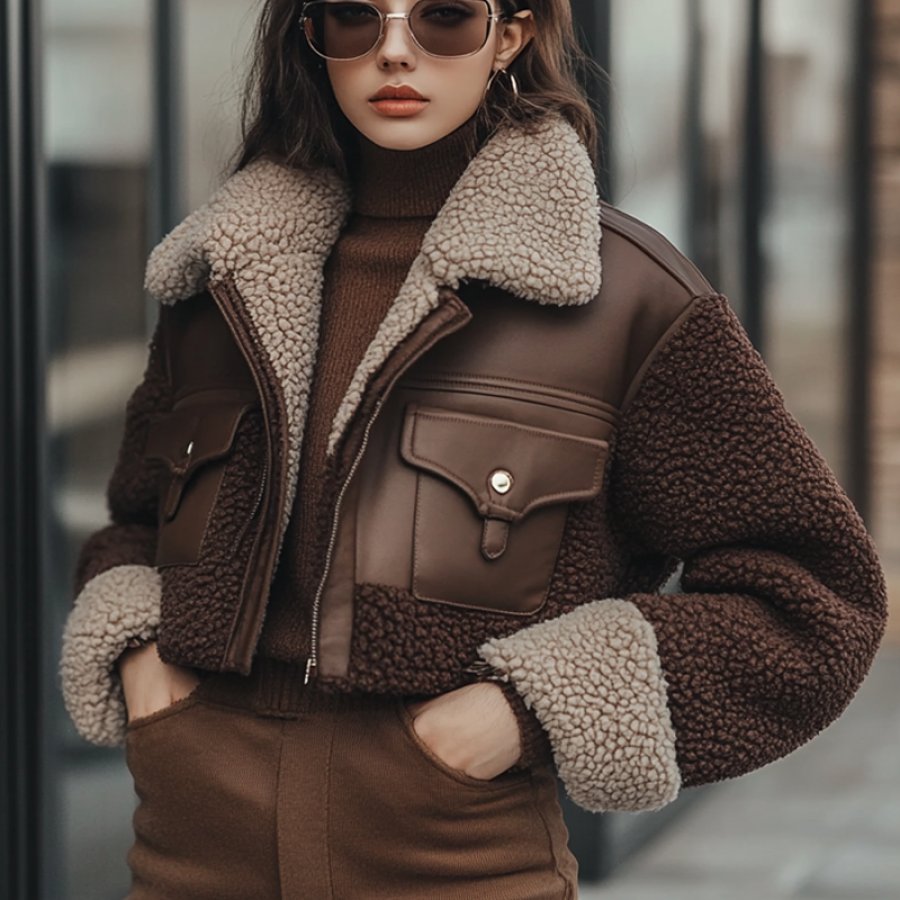 

Women's Pinecone Casual Leather Patchwork Pocket Lambskin Jacket