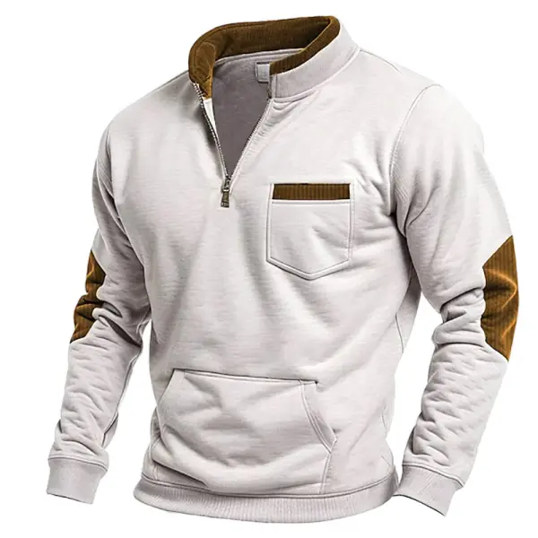 Men's Vintage Contrast Corduroy Pocket Quarter Zip Sweatshirt - Cotosen.com