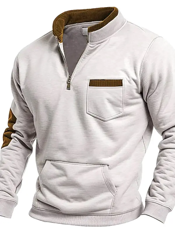 Men's Vintage Contrast Corduroy Pocket Quarter Zip Sweatshirt - Menbarn.com 