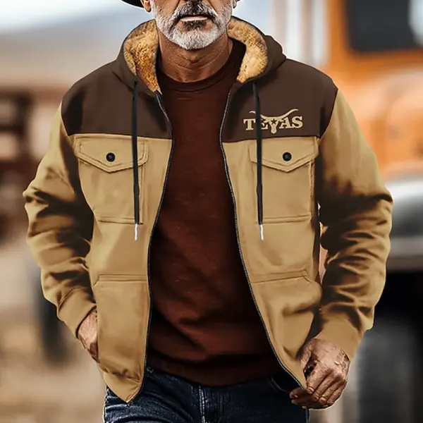 Men's Vintage Western Cowboy Fleece Pocket Color Block Hooded Jacket Only $68.89 - Wayrates.com 