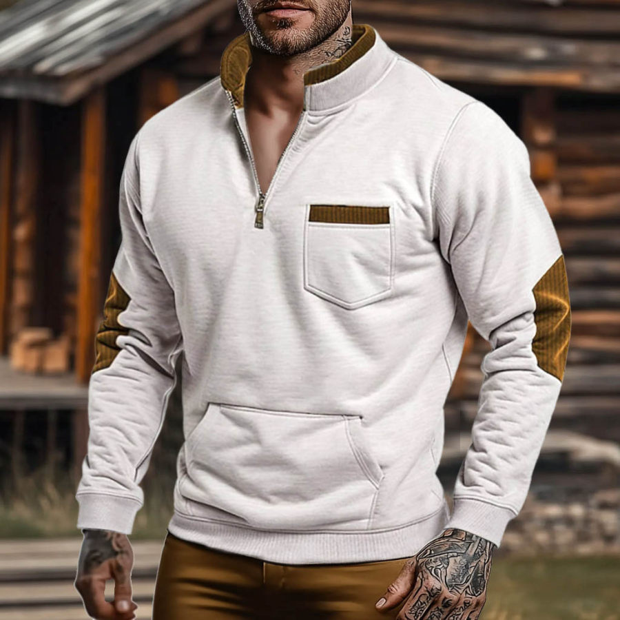 

Men's Vintage Contrast Corduroy Pocket Quarter Zip Sweatshirt