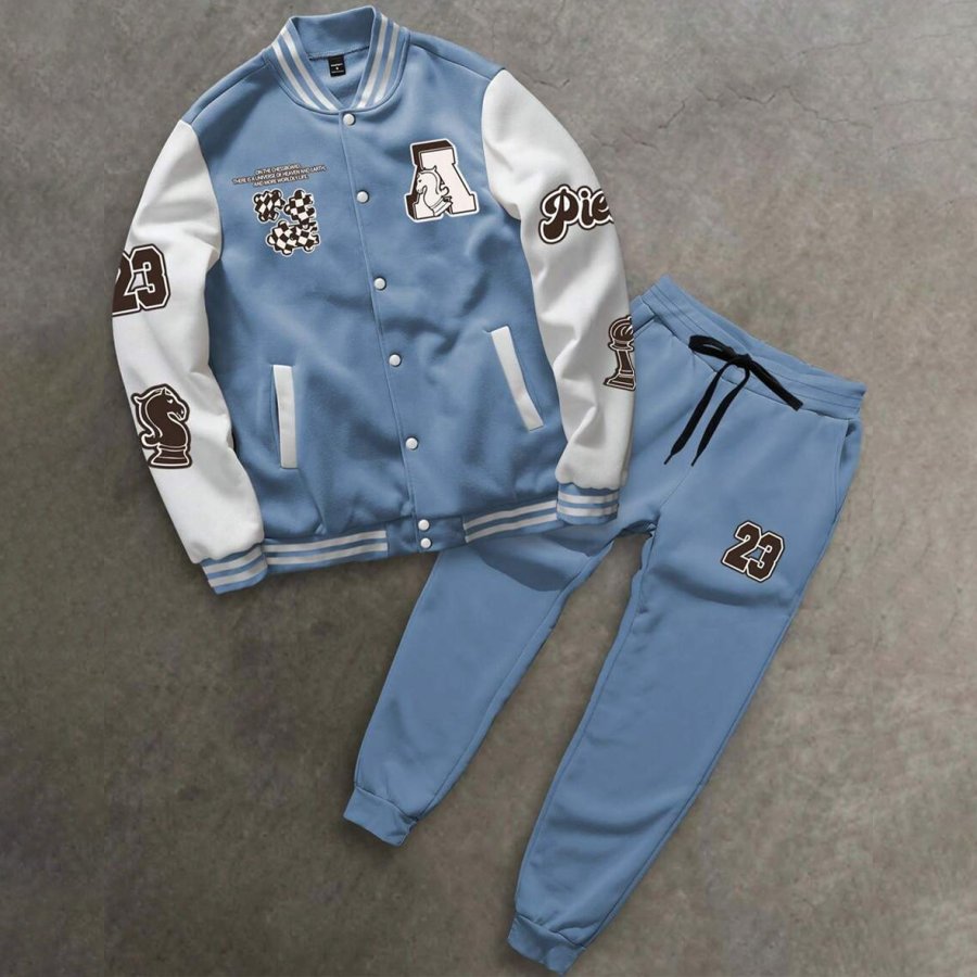 

Men's Solid Color Splicing Letter Print Button-Front Jacket And Front Tie Sweatpants Casual Suit