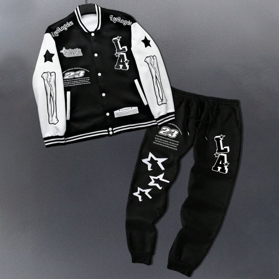 

Men's Solid Color Splicing Letter Print Button-Front Jacket And Front Tie Sweatpants Casual Suit