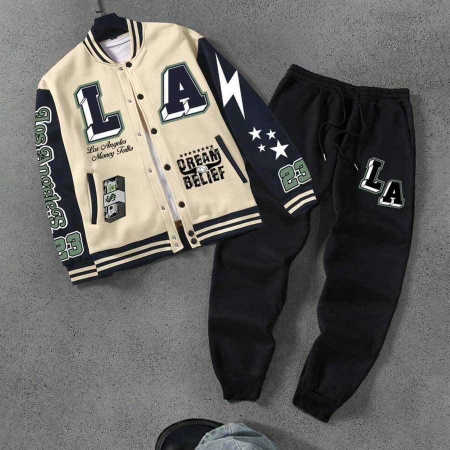 

Men's Solid Color Splicing Letter Print Button-Front Jacket And Front Tie Sweatpants Casual Suit