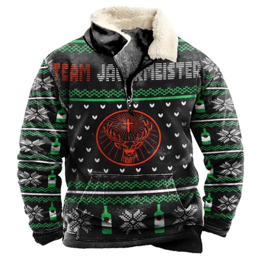 

Men's Germany Jagerneister Printed Lamb Fleece Patchwork Collar Christmas Ugly Sweater