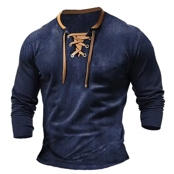 Men's Vintage Ribbed Knitted Lace-Up Color Block Long Sleeve T-shirt - Cotosen.com 