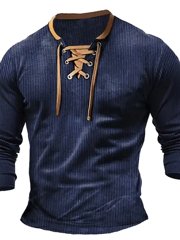 Men's Vintage Ribbed Knitted Lace-Up Color Block Long Sleeve T-shirt - Menbarn.com 