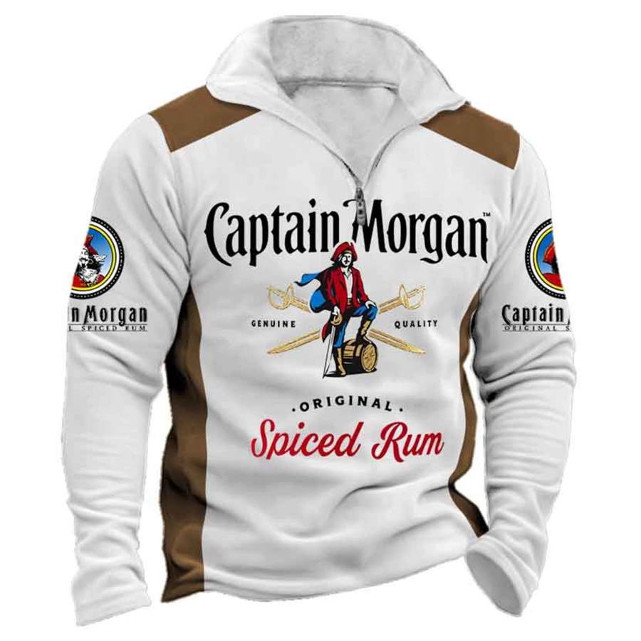 

Men's Vintage Captain Morgan Rum Print Ugly Christmas Color Block Quarter Zip Stand Collar Sweatshirt
