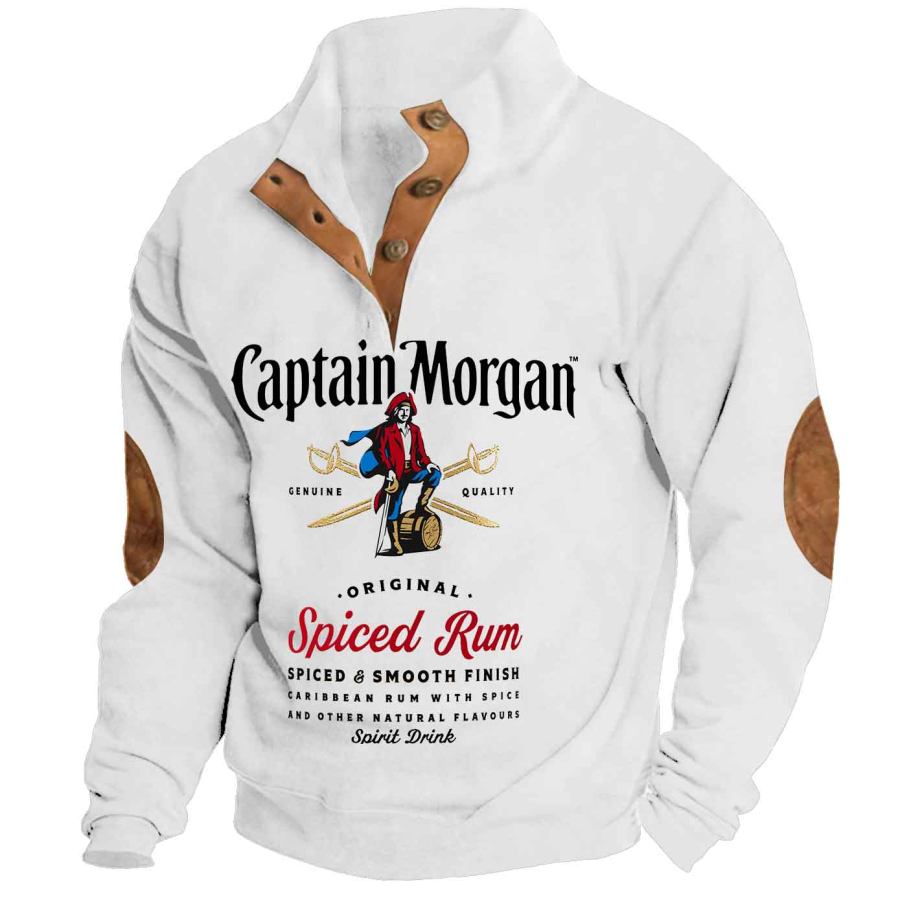 

Men's Vintage Captain Morgan Rum Print Ugly Christmas Stand Collar Buttons Sweatshirt