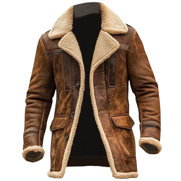 Men's Vintage Suede Patchwork Lamb Fleece Multi-Pocket Reverse Collar Outdoor Jacket Coat - Cotosen.com 