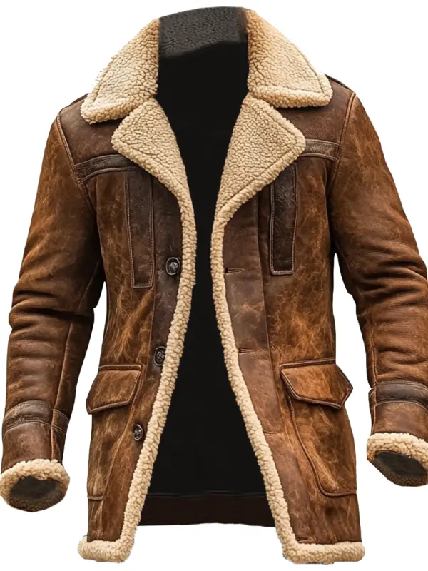 Men's Vintage Suede Patchwork Lamb Fleece Multi-Pocket Reverse Collar Outdoor Jacket Coat - Menbarn.com 