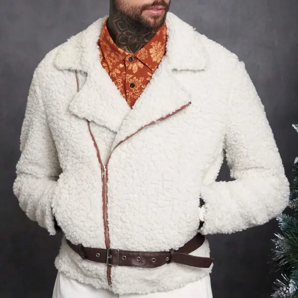 Men's Vintage Patchwork Zip Up Buckle Belted Teddy Jacket - Zivinfo.com 