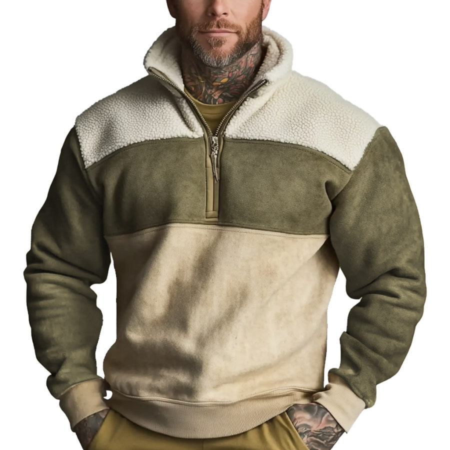 

Men's Vintage Suede Panel Fleece Color Block Quarter Zip Stand Collar Sweatshirt