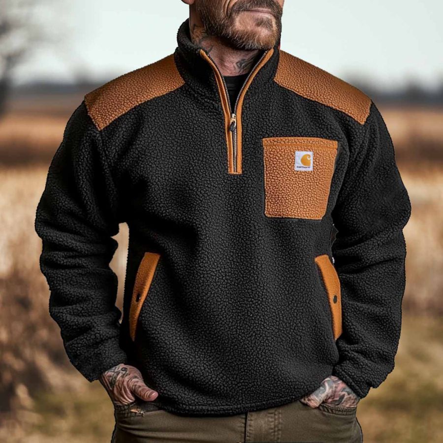 

Men's Vintage Fleece Pocket Color Block Quarter Zip Stand Collar Sweatshirt