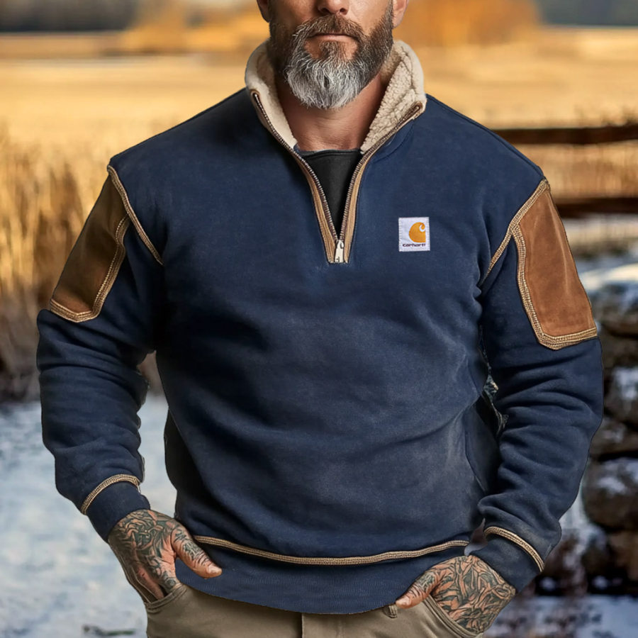

Men's Carhartt Vintage Suede Color Block Quarter Zip Stand Fleece Collar Sweatshirt