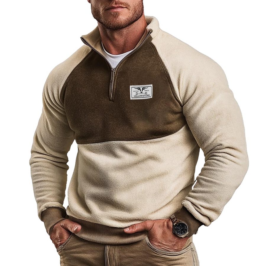 

Men's Vintage Yellowstone Fleece Color Block Quarter Zip Stand Collar Sweatshirt