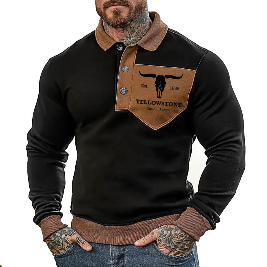 

Men's Vintage Yellowstone Print Color Block Polo Collar Sweatshirt