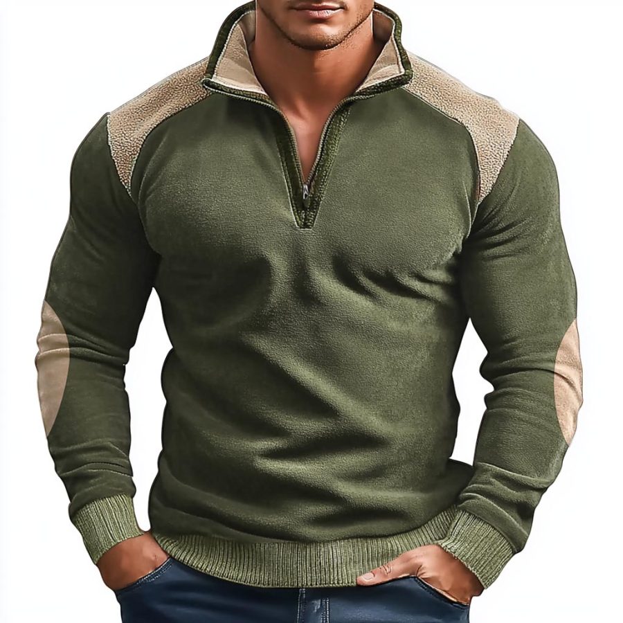 

Men's Vintage Fleece Color Block Quarter Zip Stand Collar Sweatshirt