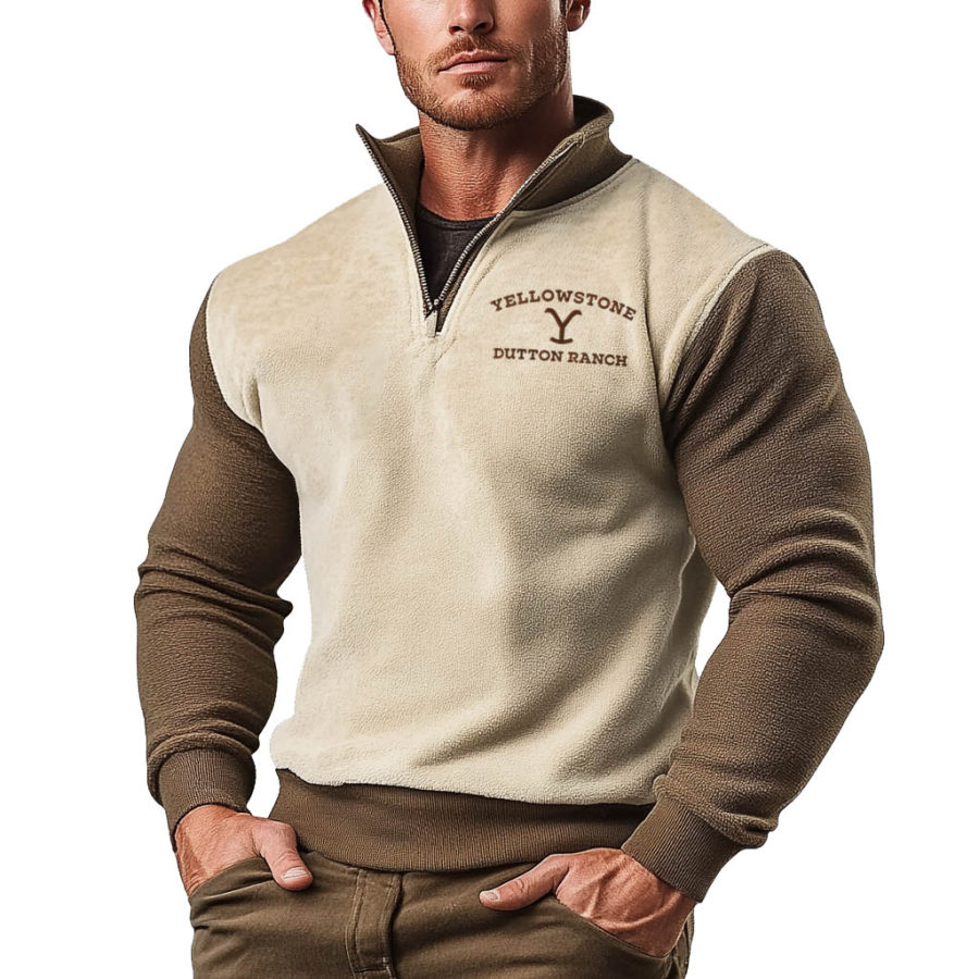 

Men's Vintage Yellowstone Embroidery Fleece Color Block Quarter Zip Stand Collar Sweatshirt
