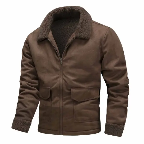 Men's Vintage Suede Fleece Fur Lapel Zipper Shearling Jacket - Trisunshine.com 