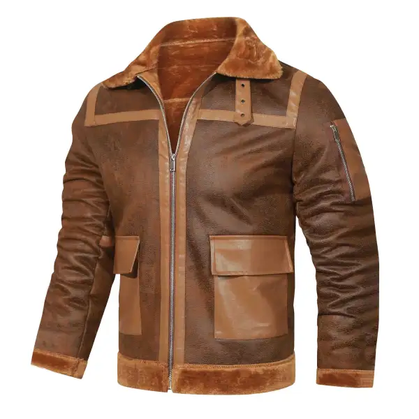 Men's Vintage Leather Contrast Fleece Fur Shearling Jacket - Trisunshine.com 