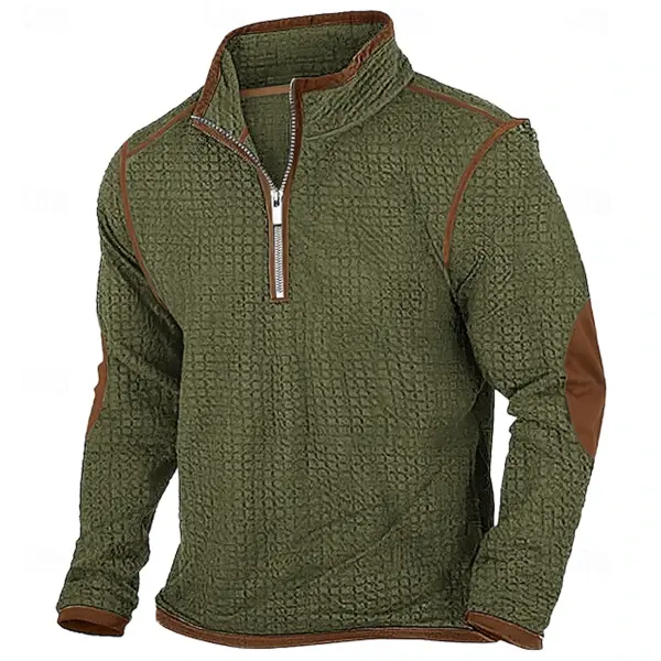 Men's Vintage Waffle Zip Stand Collar Daily Tops Elbow Patch Long Sleeve T-Shirt - Cotosen.com 