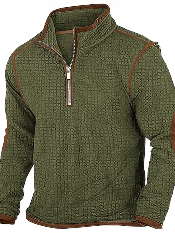Men's Vintage Waffle Zip Stand Collar Daily Tops Elbow Patch Long Sleeve T-Shirt - Wantbright.com 