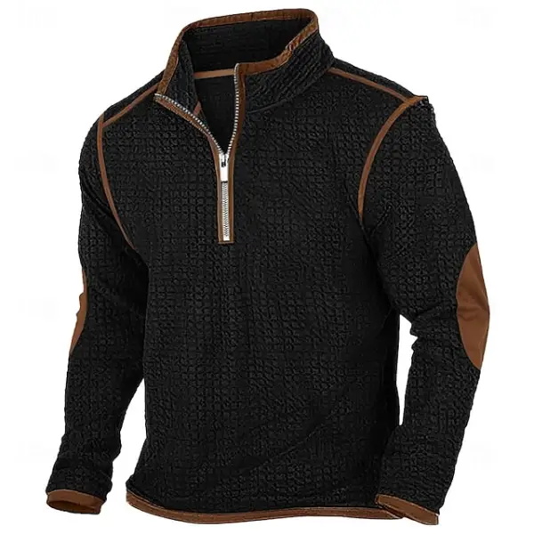 Men's Vintage Waffle Zip Stand Collar Daily Tops Elbow Patch Long Sleeve T-Shirt - Cotosen.com 