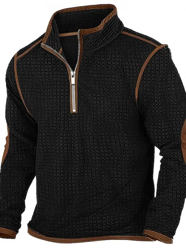 Men's Vintage Waffle Zip Stand Collar Daily Tops Elbow Patch Long Sleeve T-Shirt - Menbarn.com 