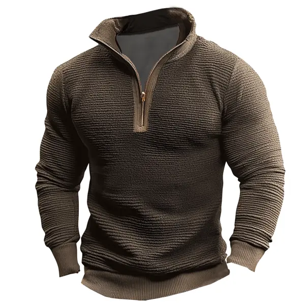 Men's Vintage Corduroy Patchwork Lamb Fleece Quarter Zip Stand Collar Pullover - Cotosen.com 