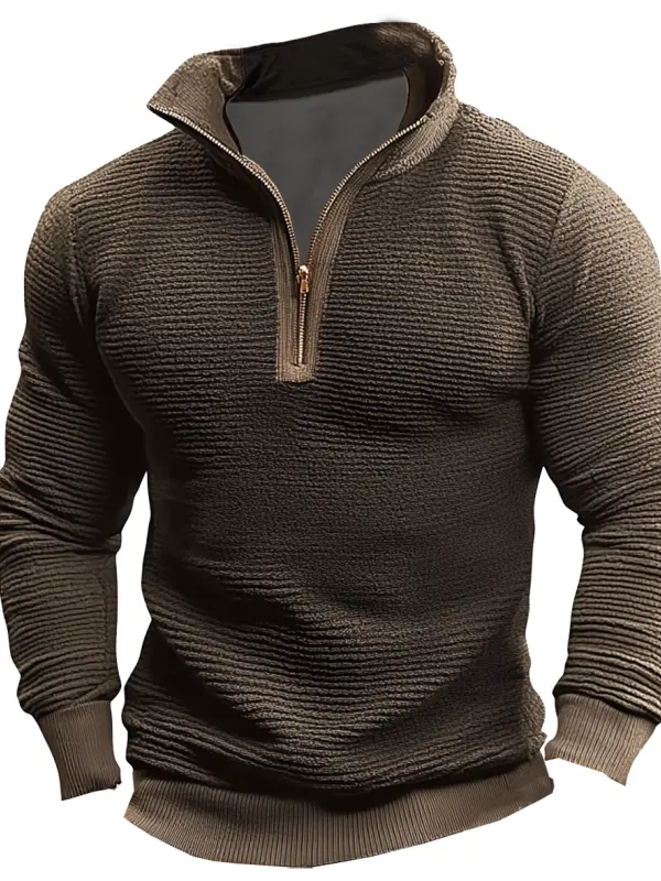Men's Vintage Corduroy Patchwork Lamb Fleece Quarter Zip Stand Collar Pullover - Menbarn.com 