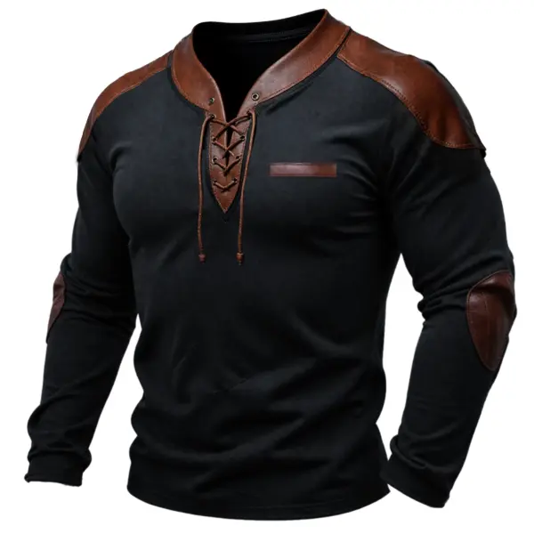 Men's Vintage PU Leather Patchwork Normal Outdoor Causal Long Sleeve Lace-up T-shirt - Cotosen.com 