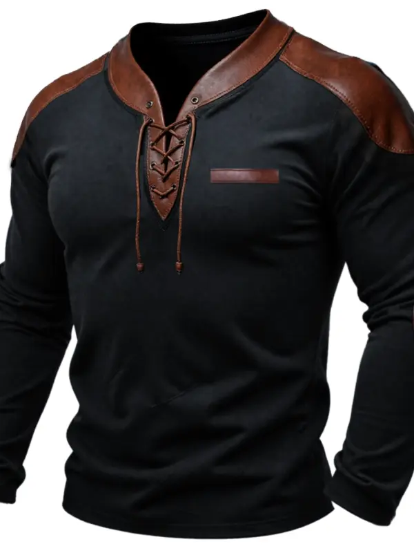 Men's Vintage PU Leather Patchwork Normal Outdoor Causal Long Sleeve Lace-up T-shirt - Menbarn.com 