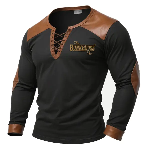 Men's Yellowstone Vintage Leather Patchwork Collar Tied Long Sleeved T-shirt Only $35.99 - Cotosen.com 