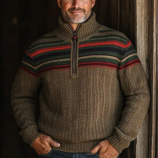 Men's Vintage Striped Patchwork Zipper Sweatshirt - Wayrates.com 