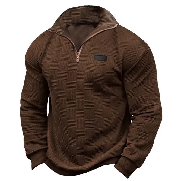 Men's Vintage Geometric Texture Quarter Zip Stand Collar Sweatshirt - Cotosen.com 