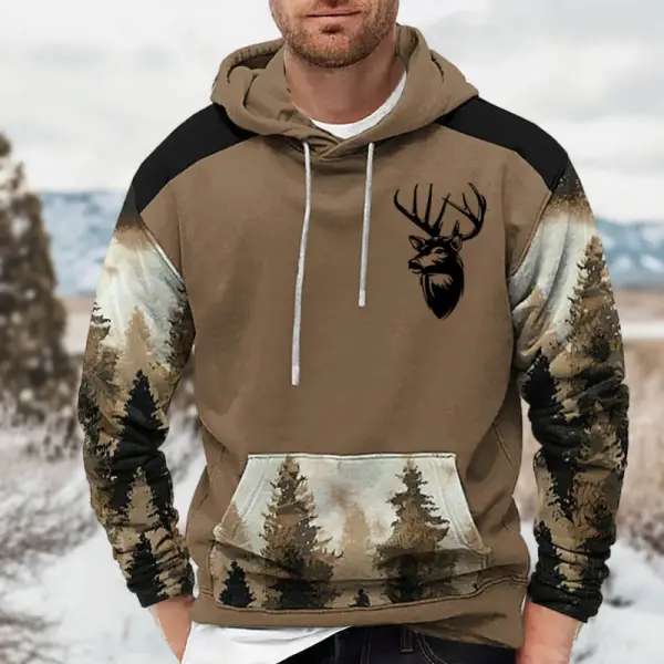 Men's Vintage Deer Forest Hunting Print Pocket Long Sleeve Hoodie - Wayrates.com 