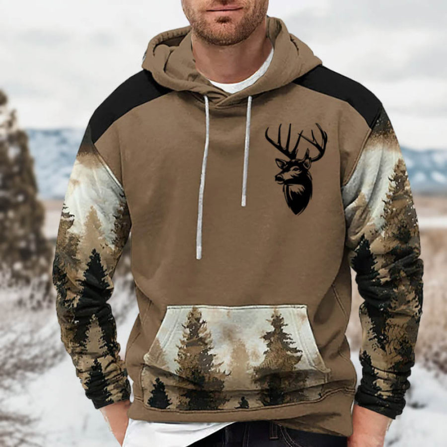 

Men's Vintage Deer Forest Hunting Print Pocket Long Sleeve Hoodie