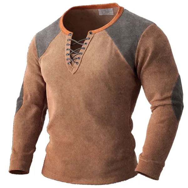 Men's Vintage Suede Patchwork Corduroy Normal Outdoor Causal Long Sleeve Lace-up T-shirt Only $34.99 - Cotosen.com 